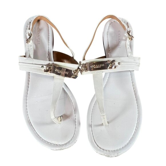 Coach White Patent Leather Gold Logo Chain T-Strap Sandals - Picture 1 of 4